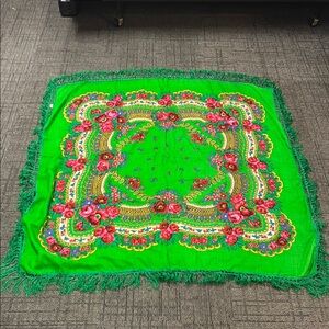 Vibrant Green Floral Scarf Russian Wool